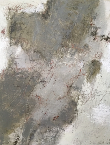 abstract painting in grey and white titled Her Secret Notebook