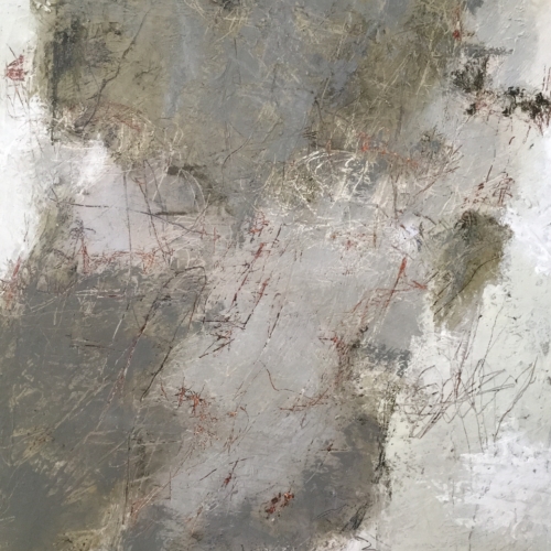 abstract painting in grey and white titled Her Secret Notebook