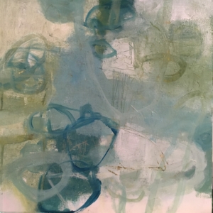 abstract painting in blues and greens, softly coloured