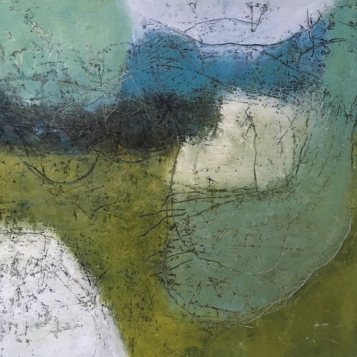 cold wax abstract painting in blue and green by Carole Leslie
