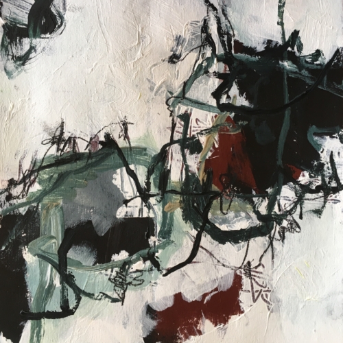 Tracking, a small abstract painting by Carole Leslie, black and white and red