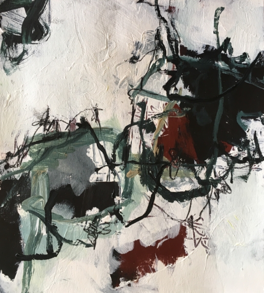 Tracking, a small abstract painting by Carole Leslie, black and white and red