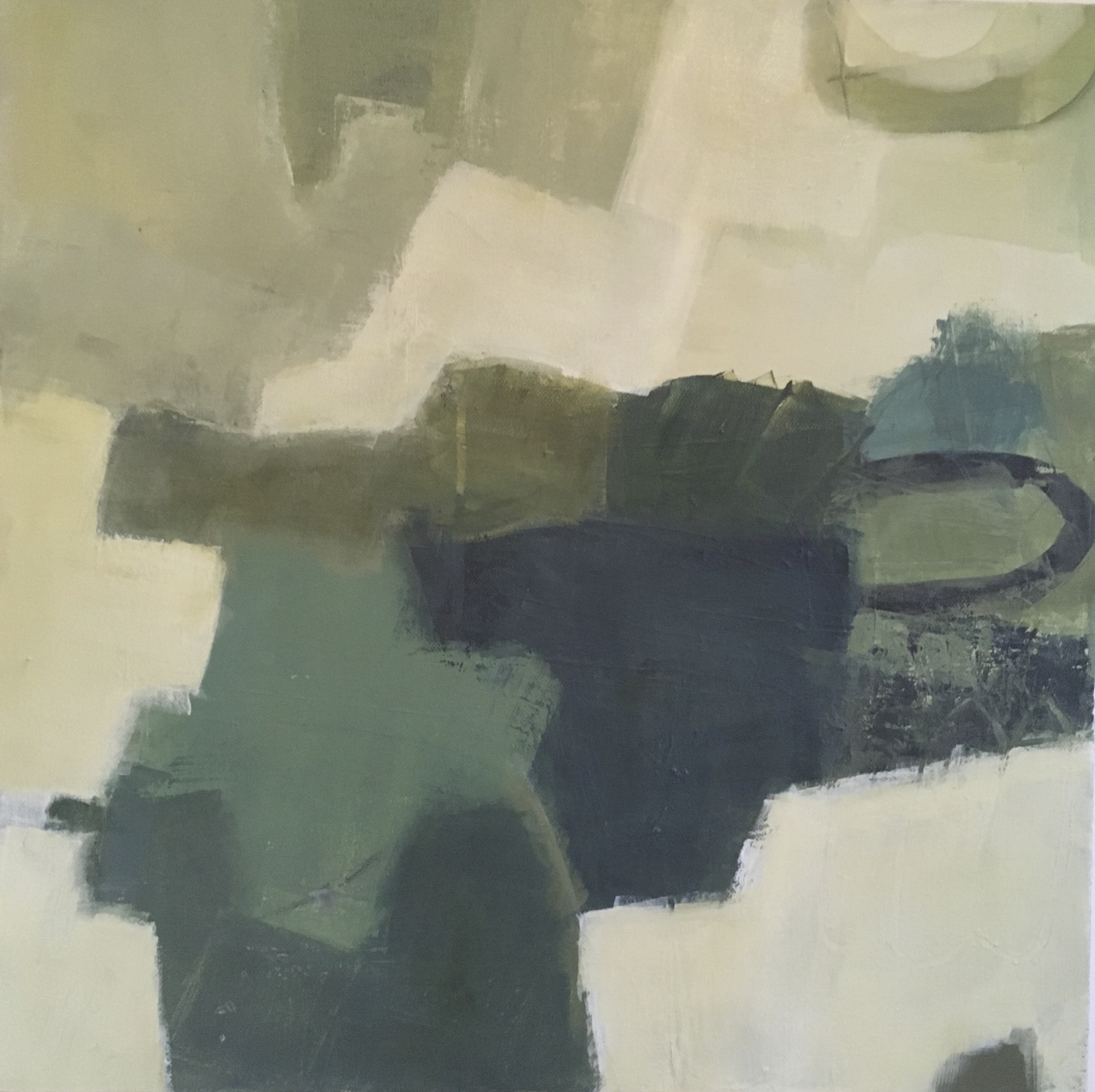 a gorgeous, calming contemporary abstract art painting with a selection of shapes in shades of blue and green create an interesting mood of peace and safely while creating a beautiful interior space. Use original art by Carole Leslie to create a warm and inviting home.