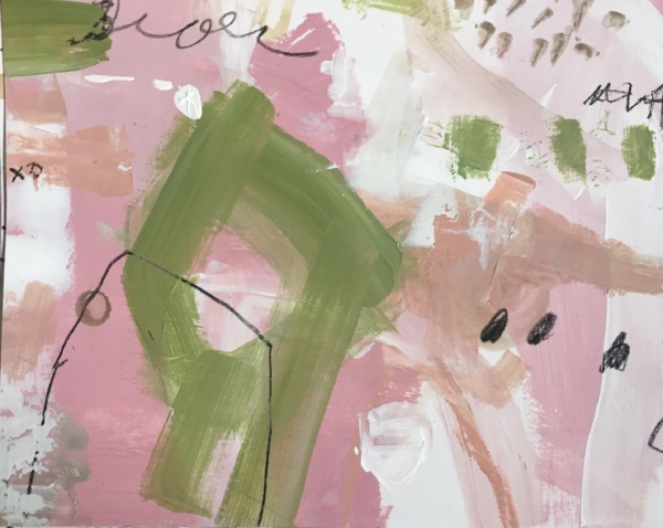 vibrant pink and green abstract art with black marks