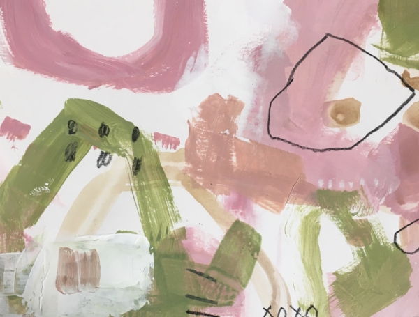 abstract work of art with bold marks in green and pink on white