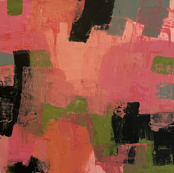 vibrantly coloured abstract painting in pinks, greens and black