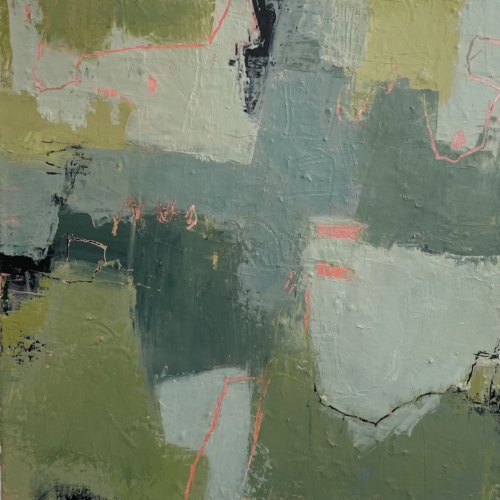 abstract painting by Carole Leslie in green and grey and blue with pink accents formed by gentle shapes