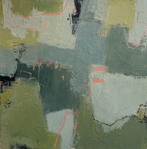 abstract painting by Carole Leslie in green and grey and blue with pink accents formed by gentle shapes