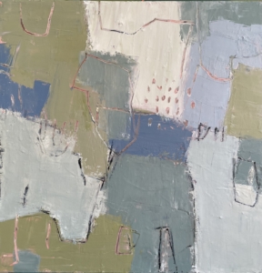 gentle abstract painting in blue and and khaki with pink accents peeking through from beneath