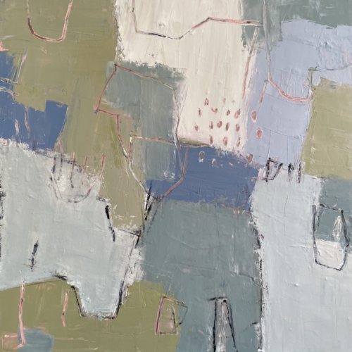 gentle abstract painting in blue and and khaki with pink accents peeking through from beneath