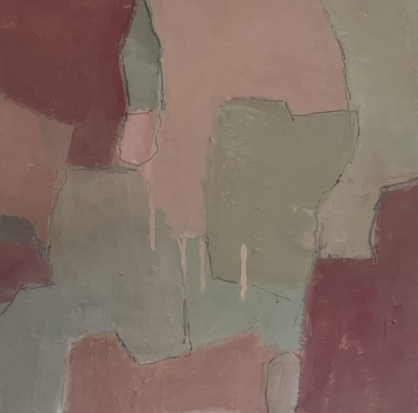 a piece of abstract art by Carole Leslie in pinks and grays for purchase to create a sanctuary in your home.