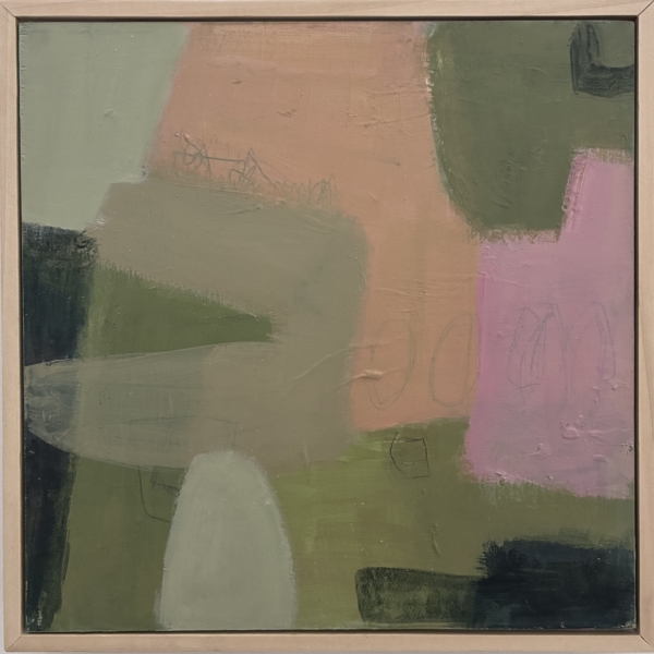small abstract painting in greens and pinks