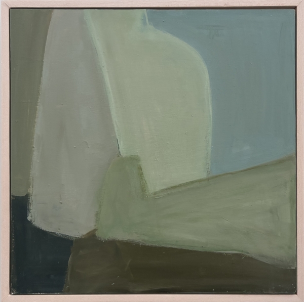an abstract painting of different shapes in muted shades that lean on each other by Carole Leslie