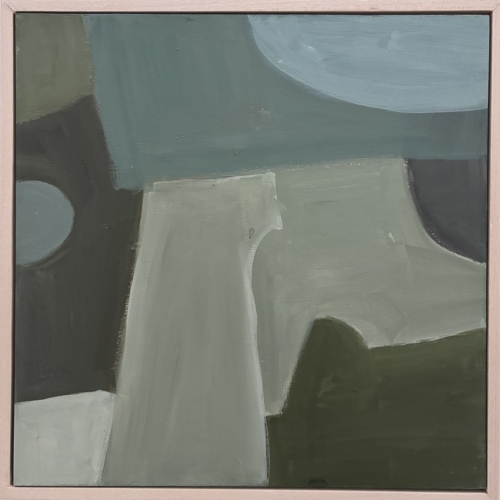 original abstract painting in blue and grey with shapes that feel like puzzle pieces