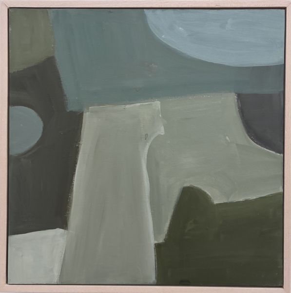 original abstract painting in blue and grey with shapes that feel like puzzle pieces