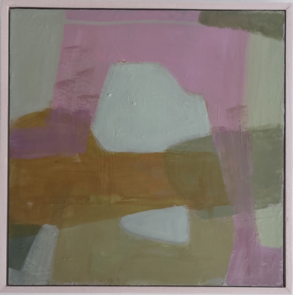 an original abstract painiting composed of a vibrant dance of shapes in pink and yellow