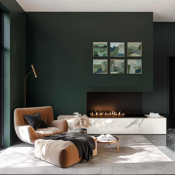6 small abstract paintings by Carole Leslie displayed together in a cozy setting